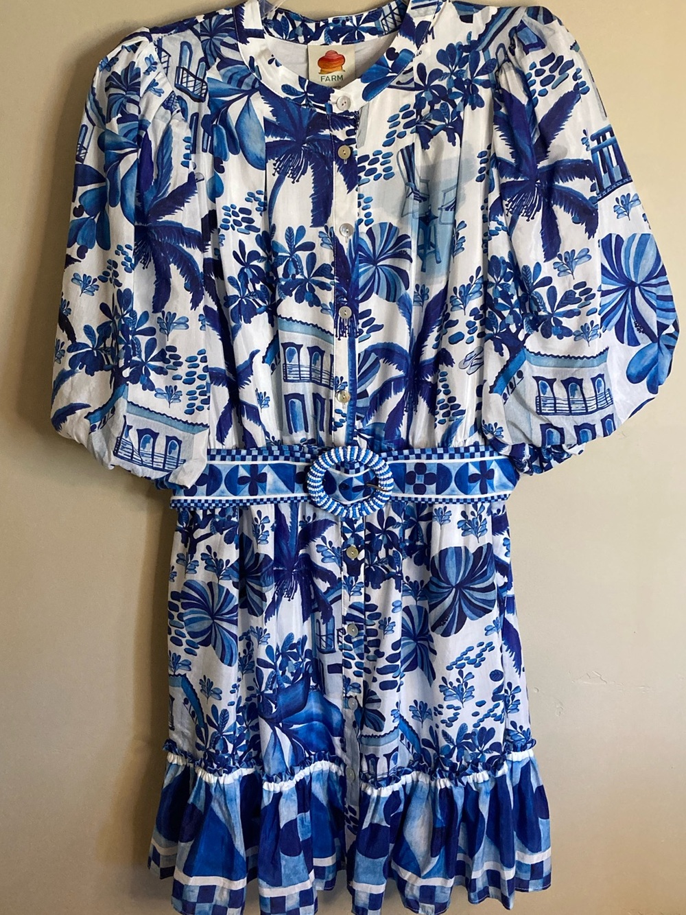 NEW FARM Rio Sweet Rio Mini Dress Tropical Beaded Belt Blue Off White Size L - Picture 8 of 16